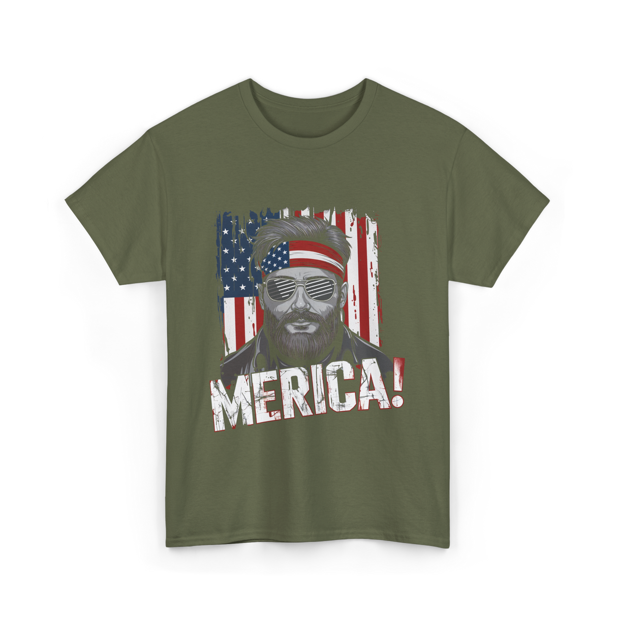 Merica American Flag Patriotism T-Shirt - Military Green