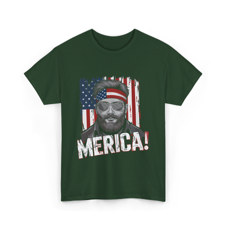 Merica American Flag Patriotism T-Shirt - Forest Green