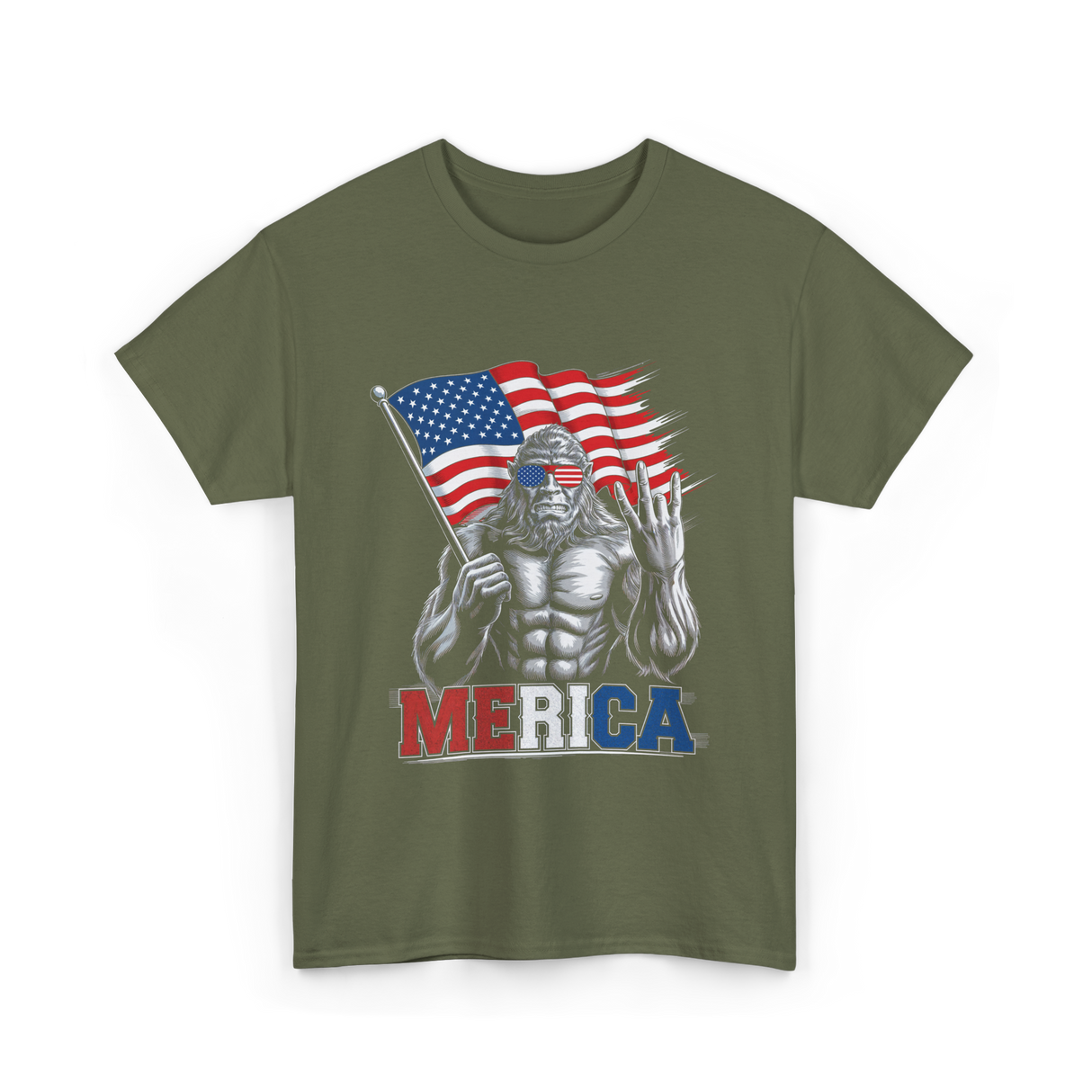 Merica Bigfoot Patriotic USA T-Shirt - Military Green