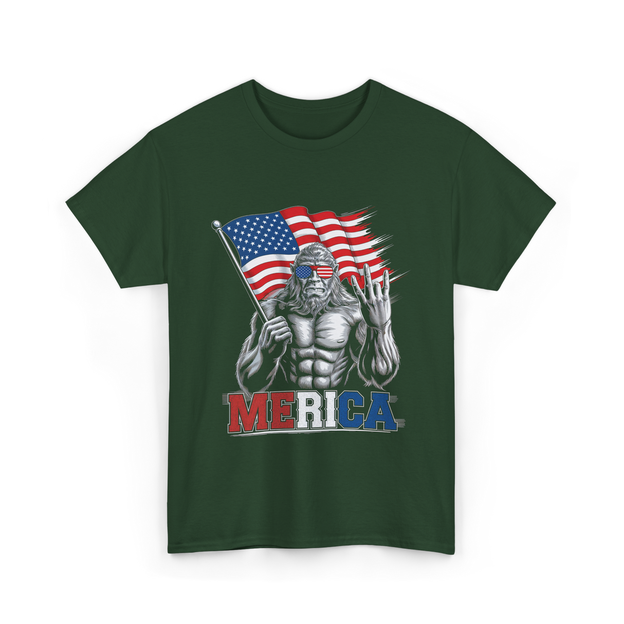 Merica Bigfoot Patriotic USA T-Shirt - Forest Green