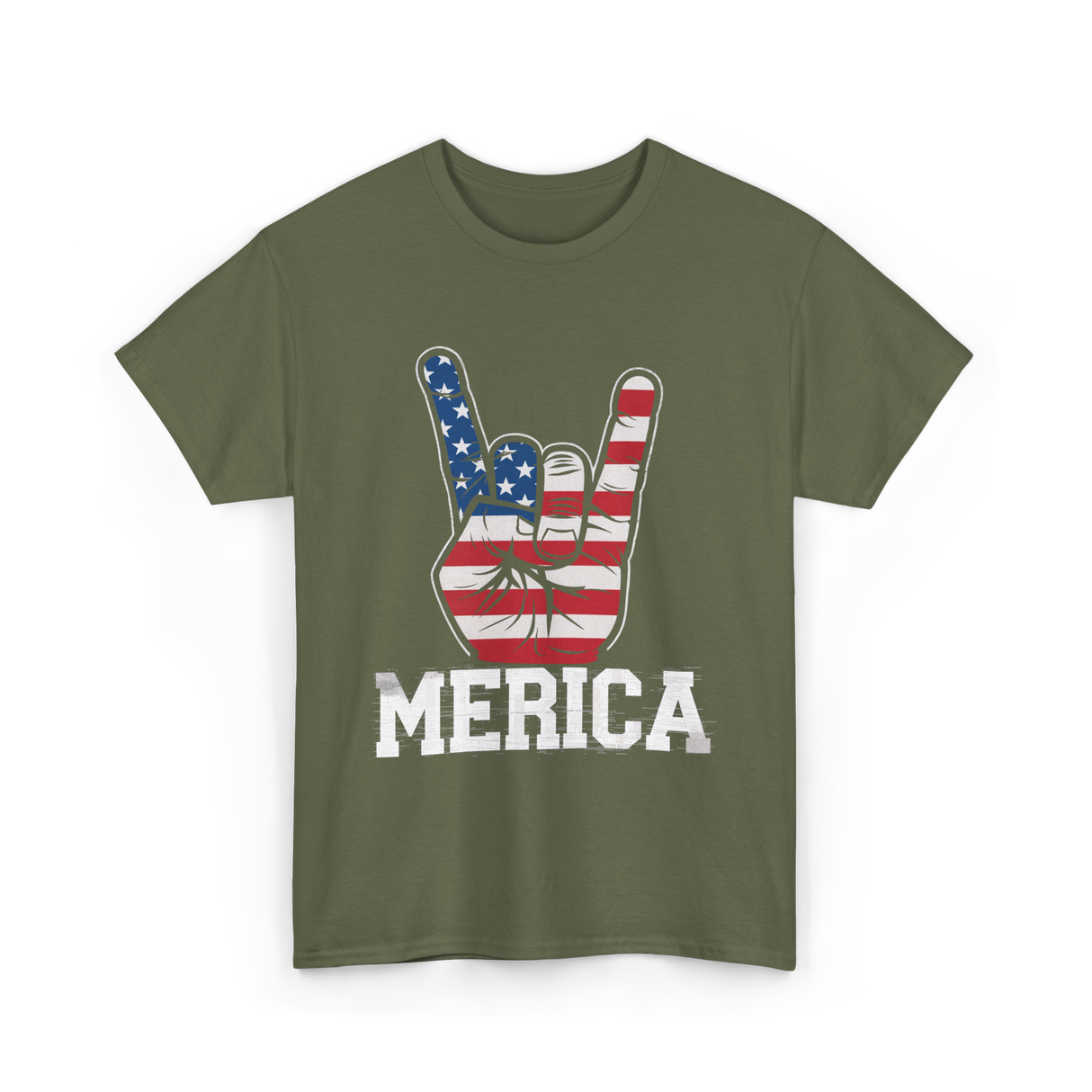 Merica Rock Sign American Flag T-Shirt - Military Green