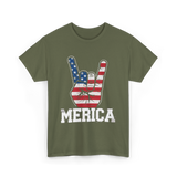 Merica Rock Sign American Flag T-Shirt - Military Green