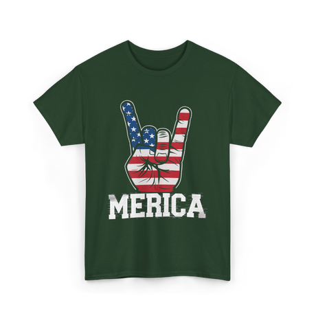 Merica Rock Sign American Flag T-Shirt - Forest Green