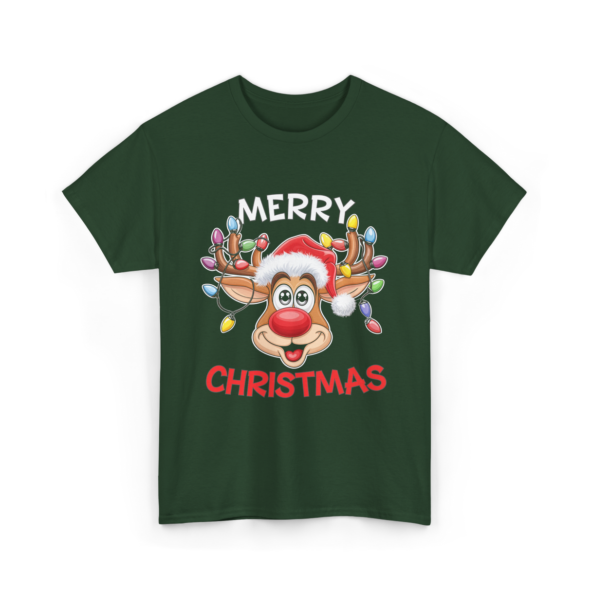 Merry Christmas Reindeer Holiday T-Shirt - Forest Green