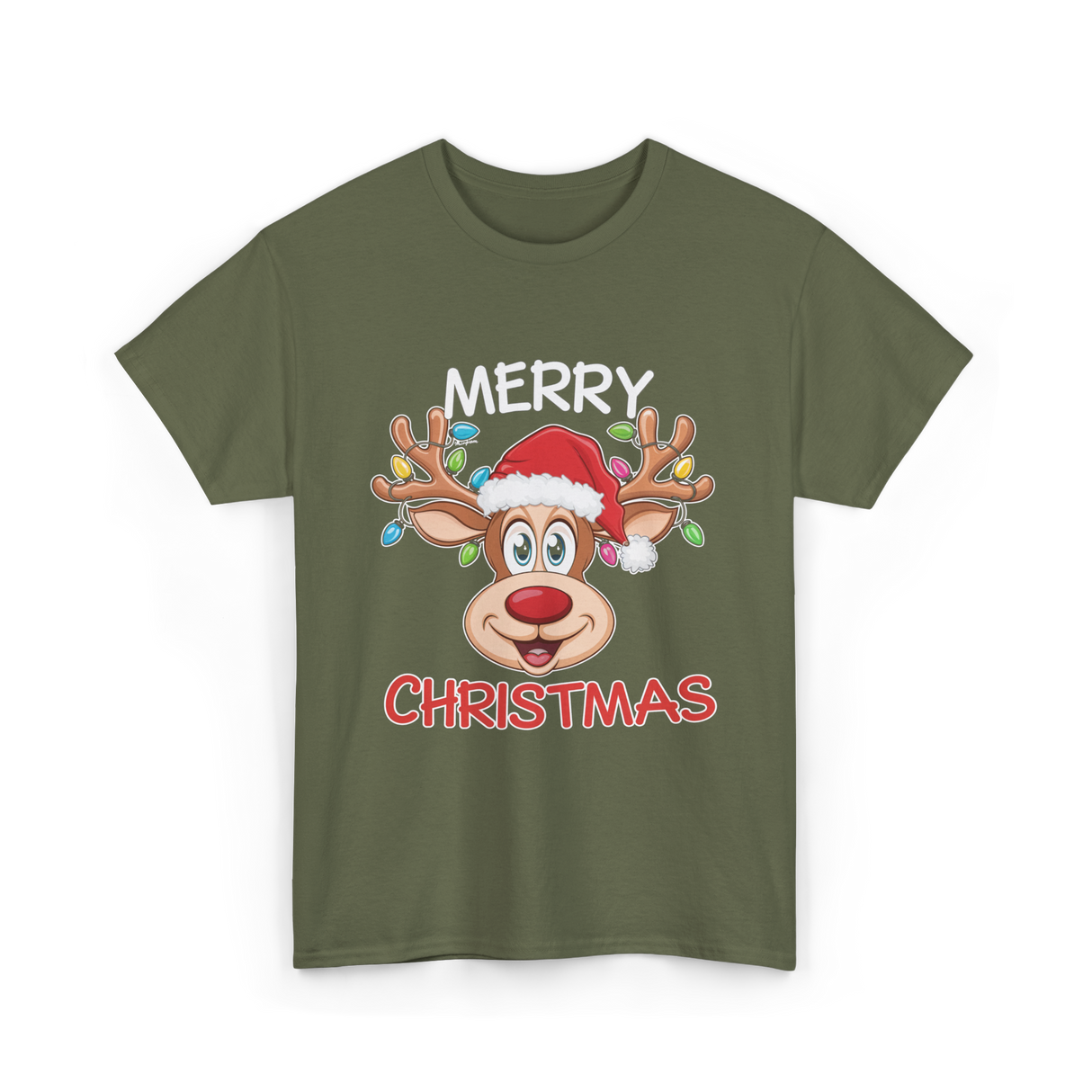 Merry Christmas Reindeer Holiday T-Shirt - Military Green