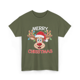 Merry Christmas Reindeer Holiday T-Shirt - Military Green