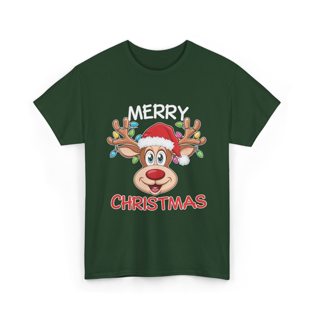 Merry Christmas Reindeer Holiday T-Shirt - Forest Green