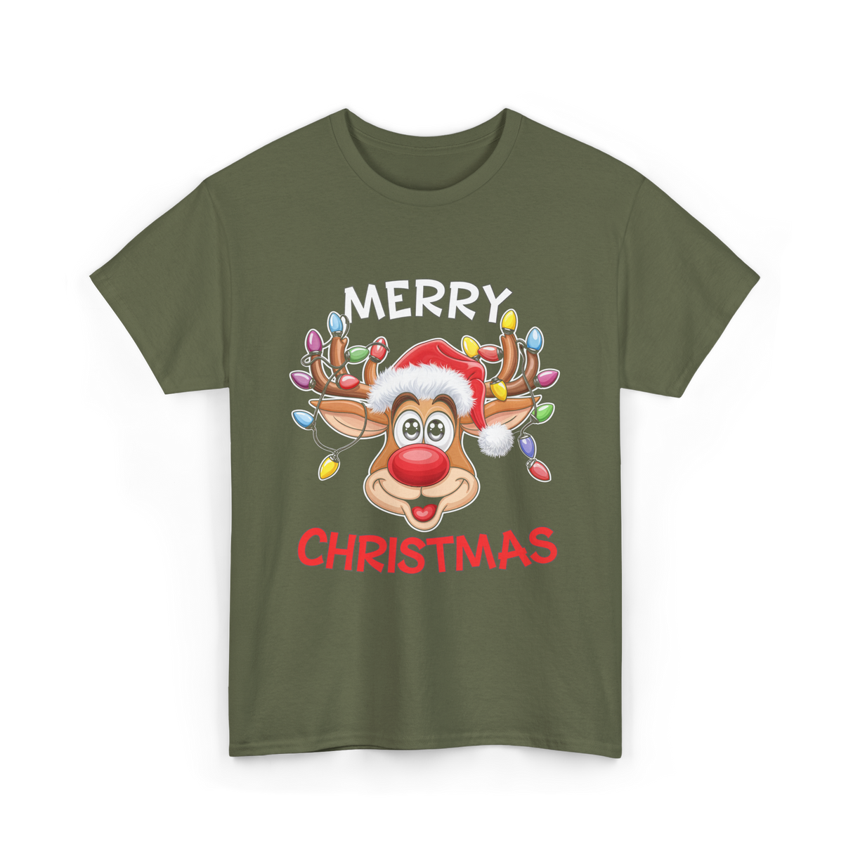 Merry Christmas Reindeer Holiday T-Shirt - Military Green