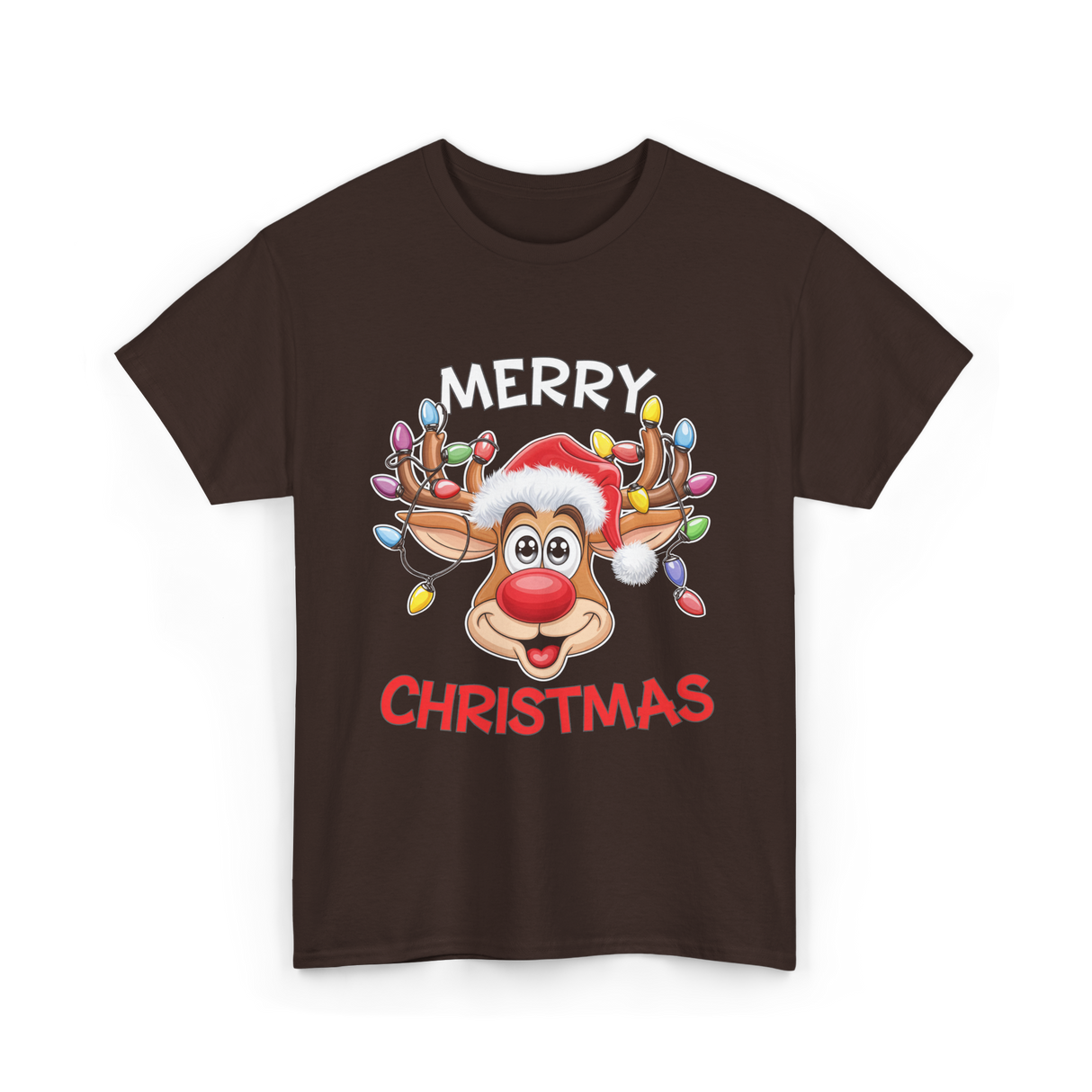 Merry Christmas Reindeer Holiday T-Shirt - Dark Chocolate