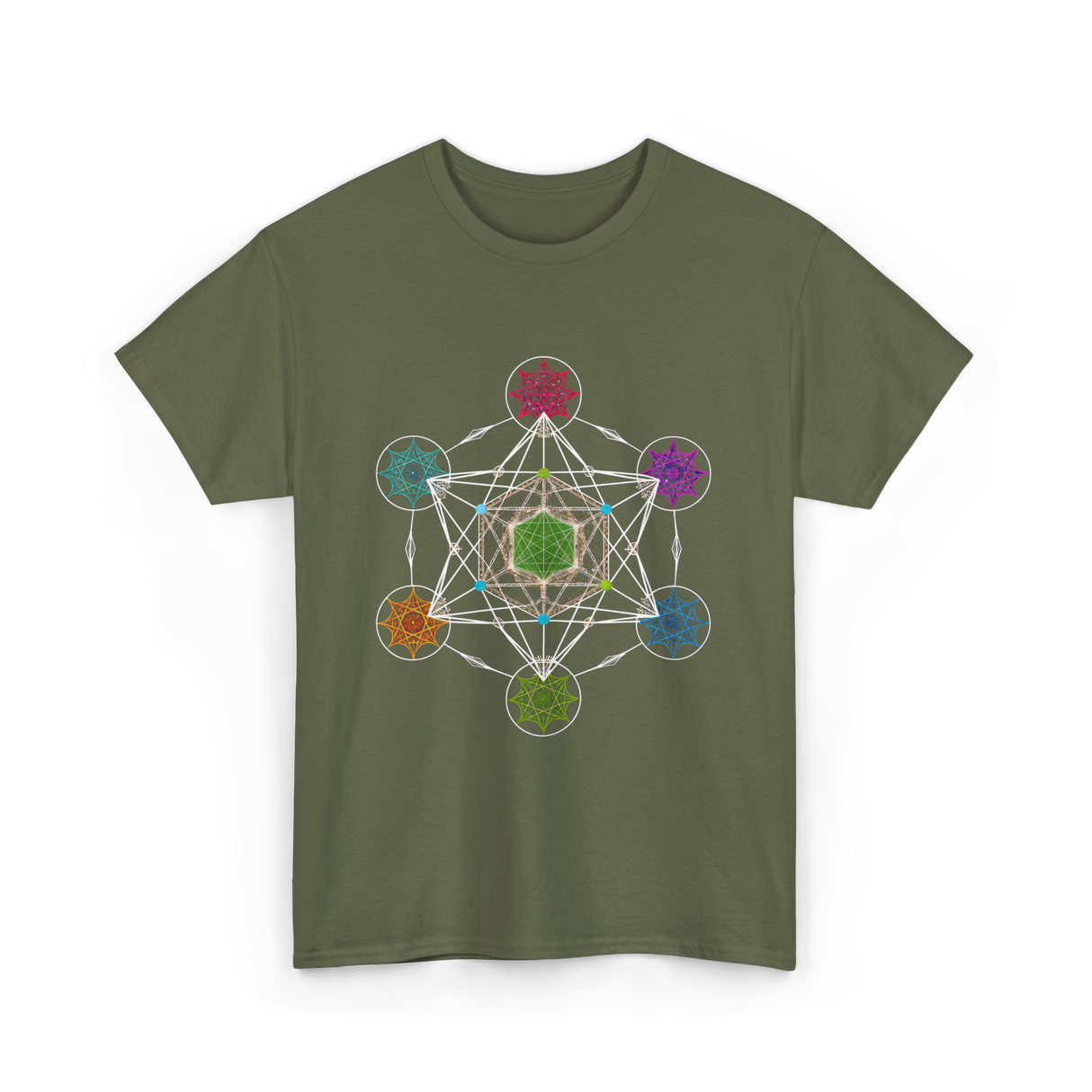 Metatron's Cube Sacred Geometry Spiritual T-Shirt - Military Green