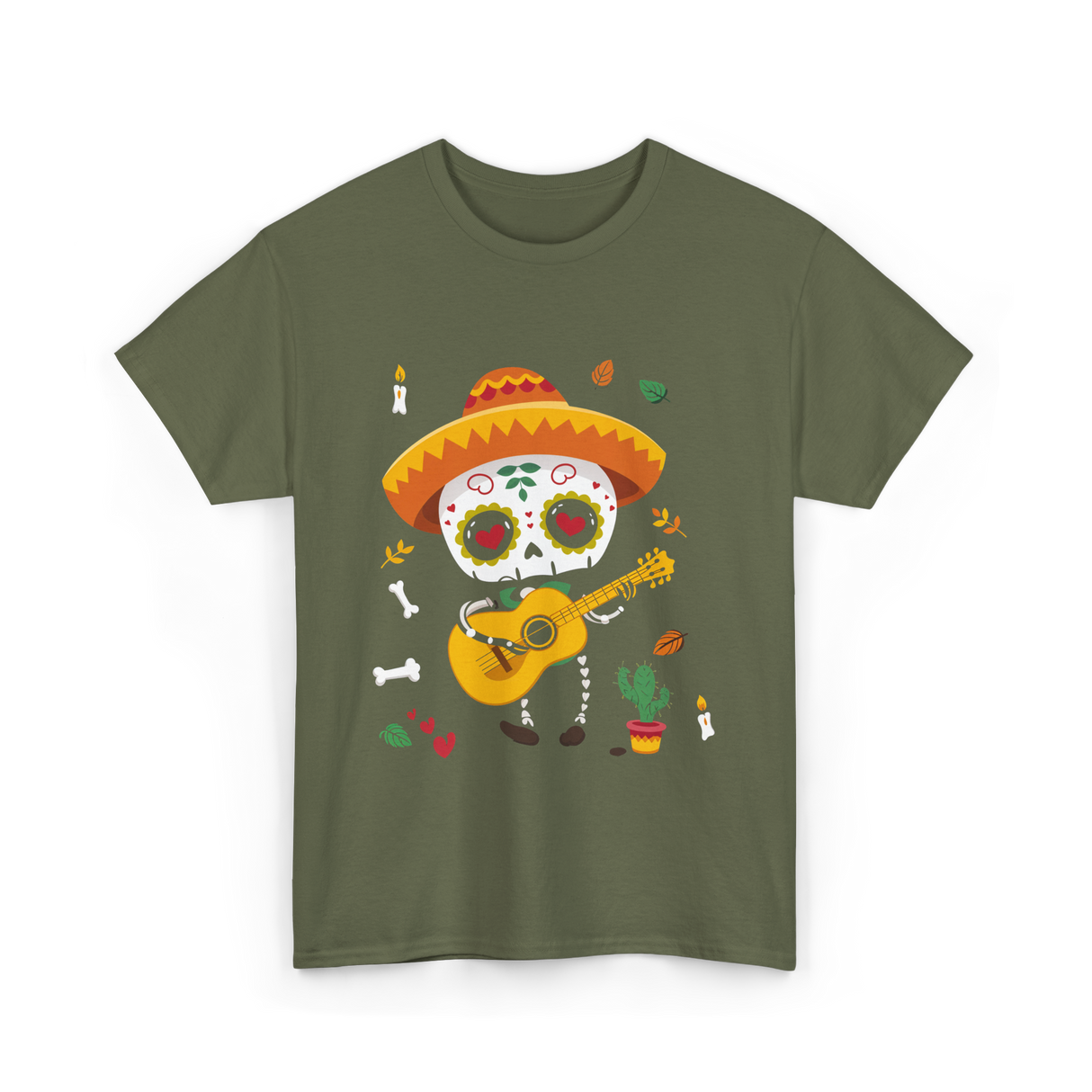 Mexican Boy Skeleton Musician T-Shirt - Military Green