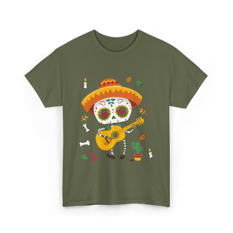 Mexican Boy Skeleton Musician T-Shirt - Military Green