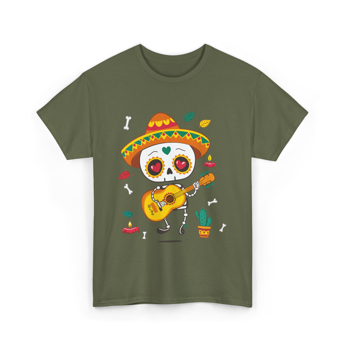 Mexican Skeleton Musician Dia De Los Muertos T-Shirt - Military Green