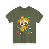 Mexican Skeleton Musician Dia De Los Muertos T-Shirt - Military Green