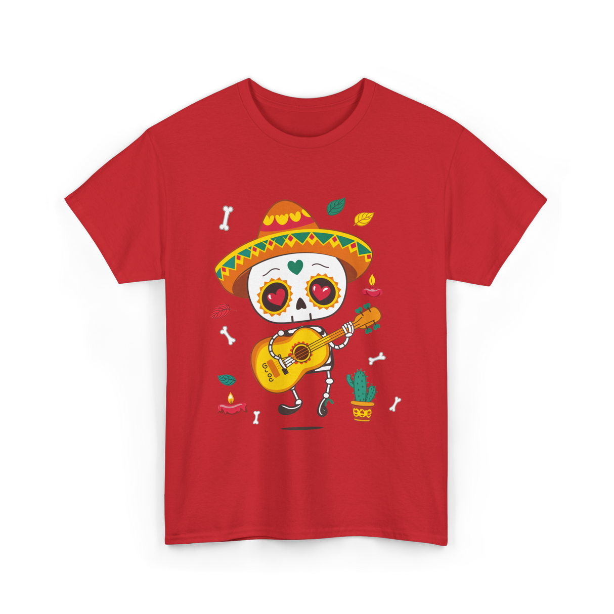 Mexican Skeleton Musician Dia De Los Muertos T-Shirt - Red