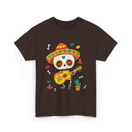 Mexican Skeleton Musician Dia De Los Muertos T-Shirt - Dark Chocolate