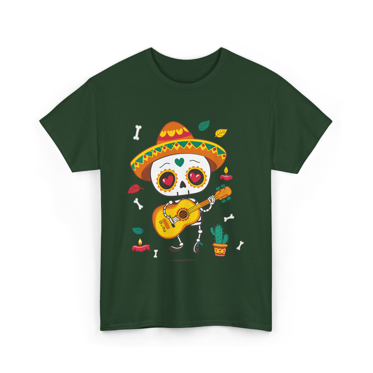 Mexican Skeleton Musician Dia De Los Muertos T-Shirt - Forest Green