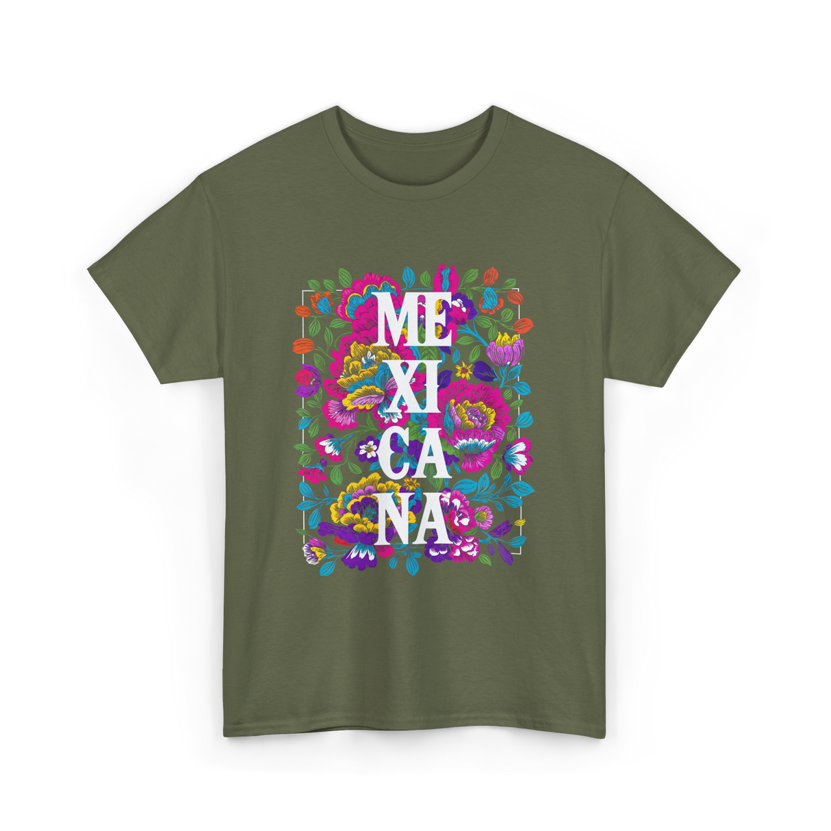 Mexicana Latina Flowers Mexico T-Shirt - Military Green