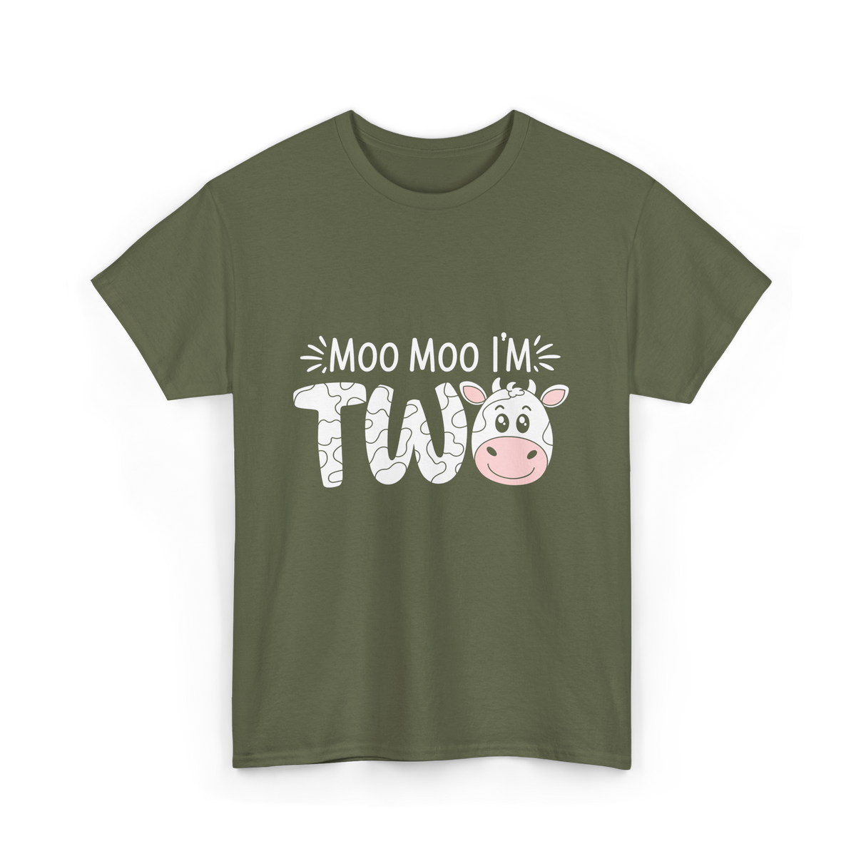 Moo Moo I'm Two Birthday Cow T-Shirt - Military Green