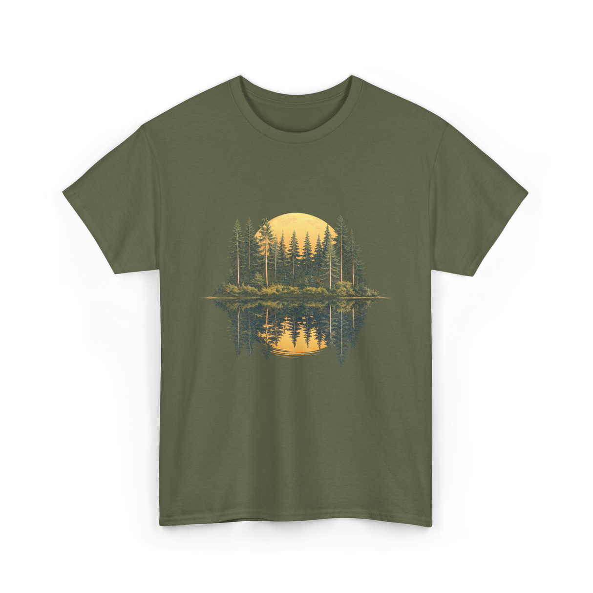 Moonlight Forest Nature Landscape T-Shirt - Military Green