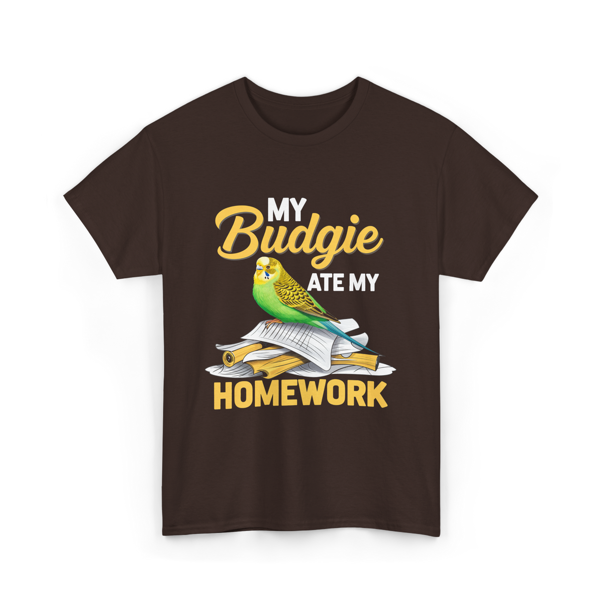 My Budgie Ate Homework Budgerigar T-Shirt - Dark Chocolate