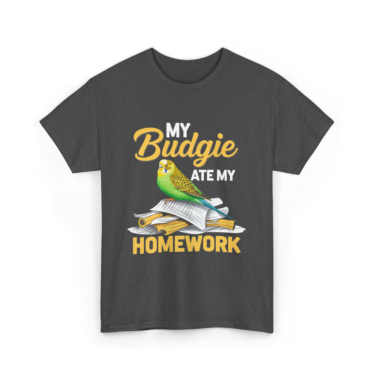 My Budgie Ate Homework Budgerigar T-Shirt - Dark Heather