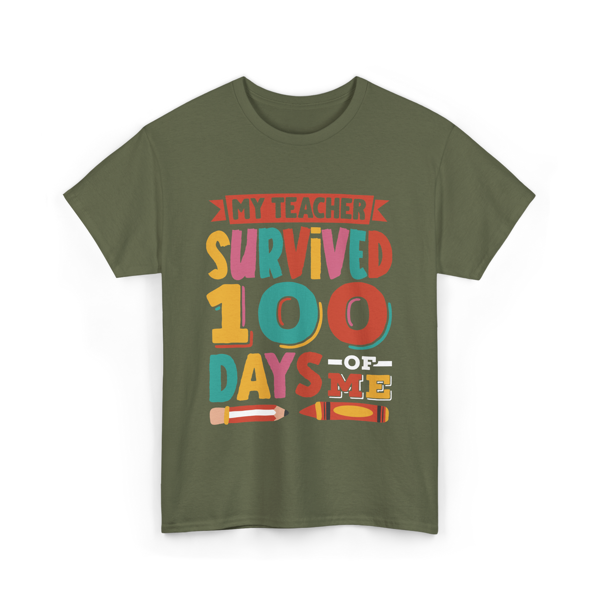 My Teacher Survived 100 Days Kids School T-Shirt - Military Green