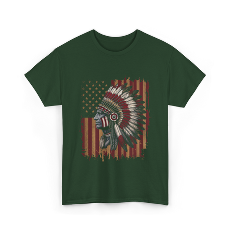 Native American Headdress Patriotism Chief T-Shirt - Forest Green