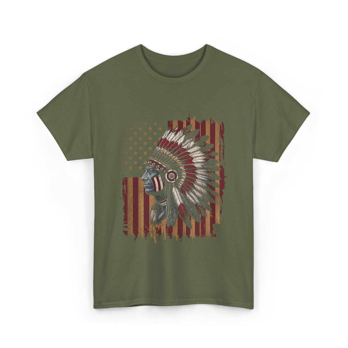 Native American Headdress Patriotism Chief T-Shirt - Military Green