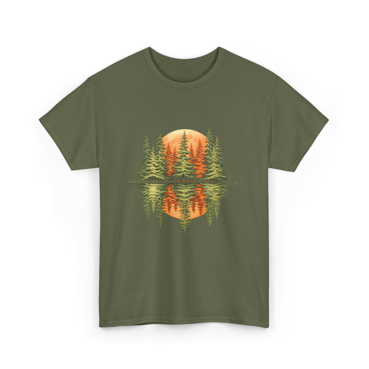 Nature Reflection Trees Forest T-Shirt - Military Green