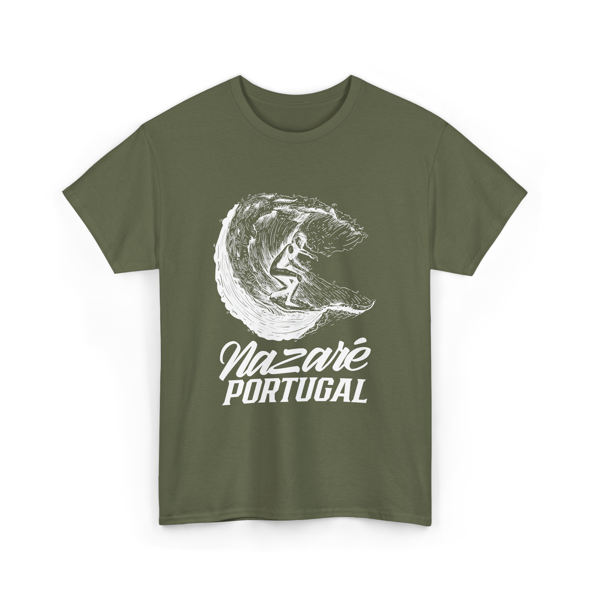 Nazare Portugal Surf Wave Surfing T-Shirt - Military Green