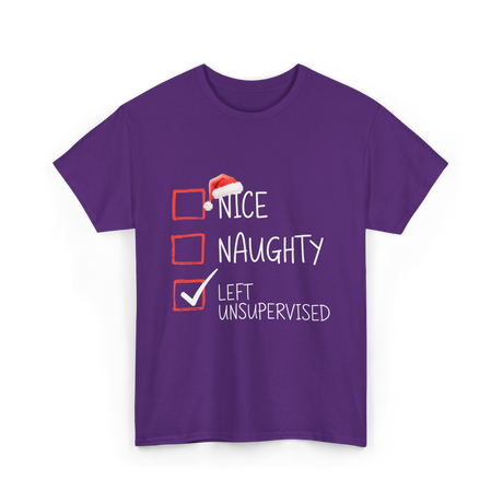 Nice Naughty Left Unsupervised Christmas T-Shirt - Purple