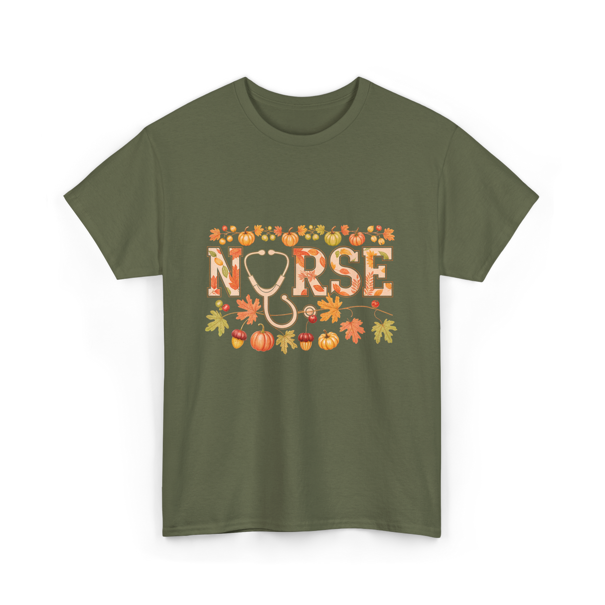 Nurse Autumn Stethoscope Nurse T-Shirt - Military Green