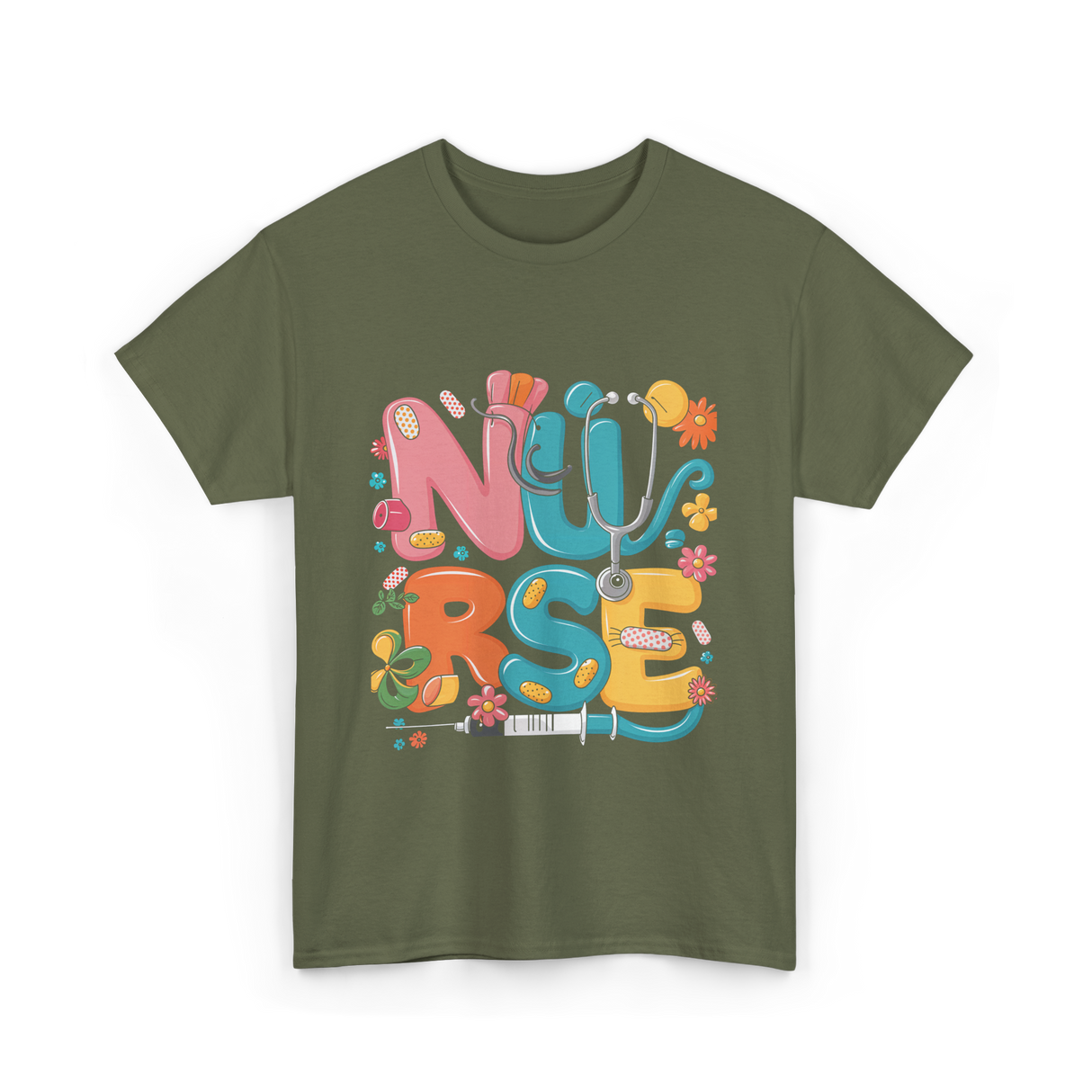 Nurse Healthcare Stethoscope Medicine T-Shirt - Military Green