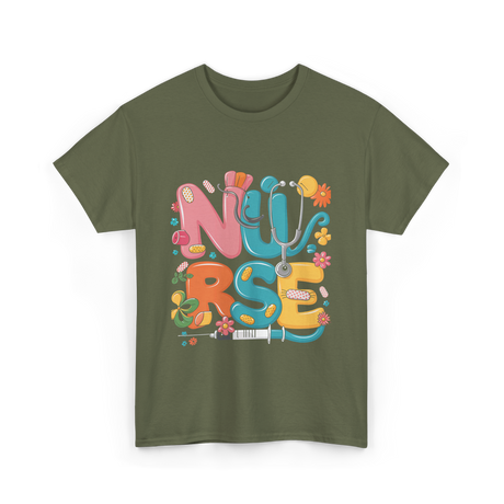 Nurse Healthcare Stethoscope Medicine T-Shirt - Military Green