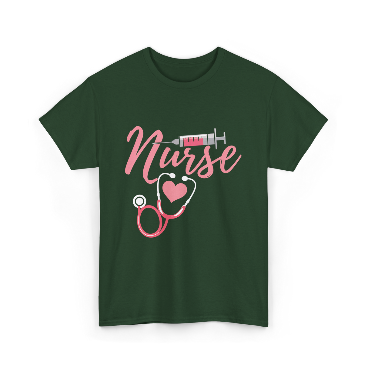 Nurse Heart Syringe Nursing T-Shirt - Forest Green