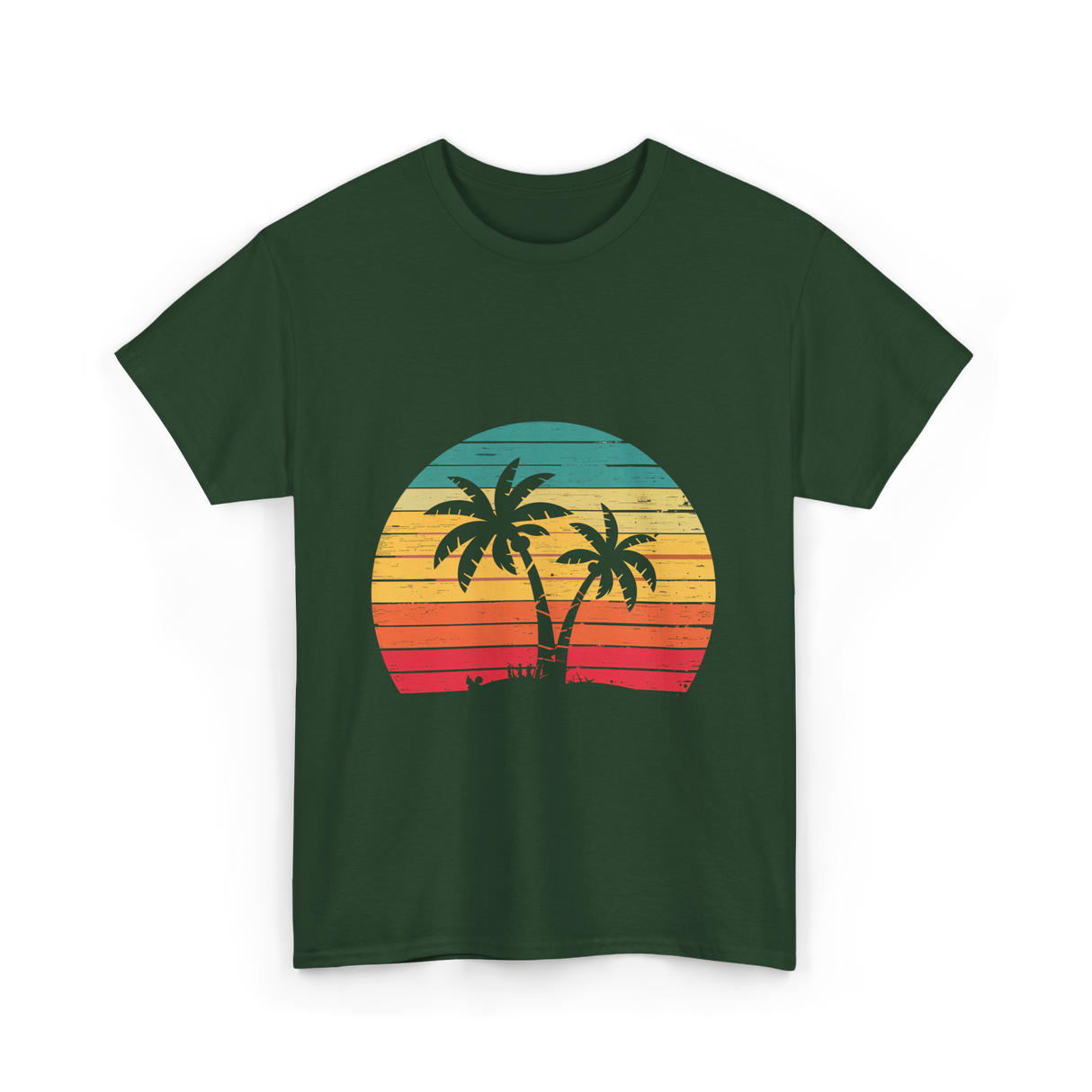 Palm Tree Retro Tropical Beach Art T-Shirt - Forest Green