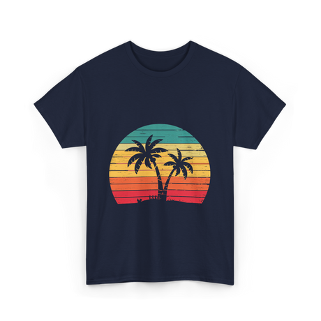 Palm Tree Retro Tropical Beach Art T-Shirt - Navy