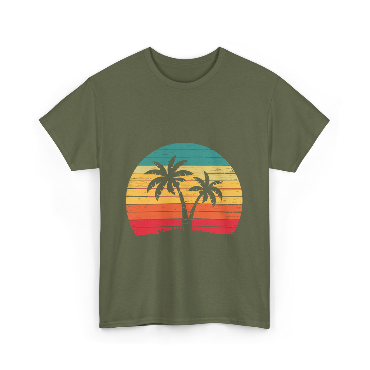 Palm Tree Retro Tropical Beach Art T-Shirt - Military Green