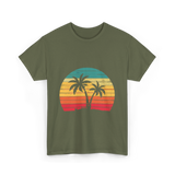 Palm Tree Retro Tropical Beach Art T-Shirt - Military Green