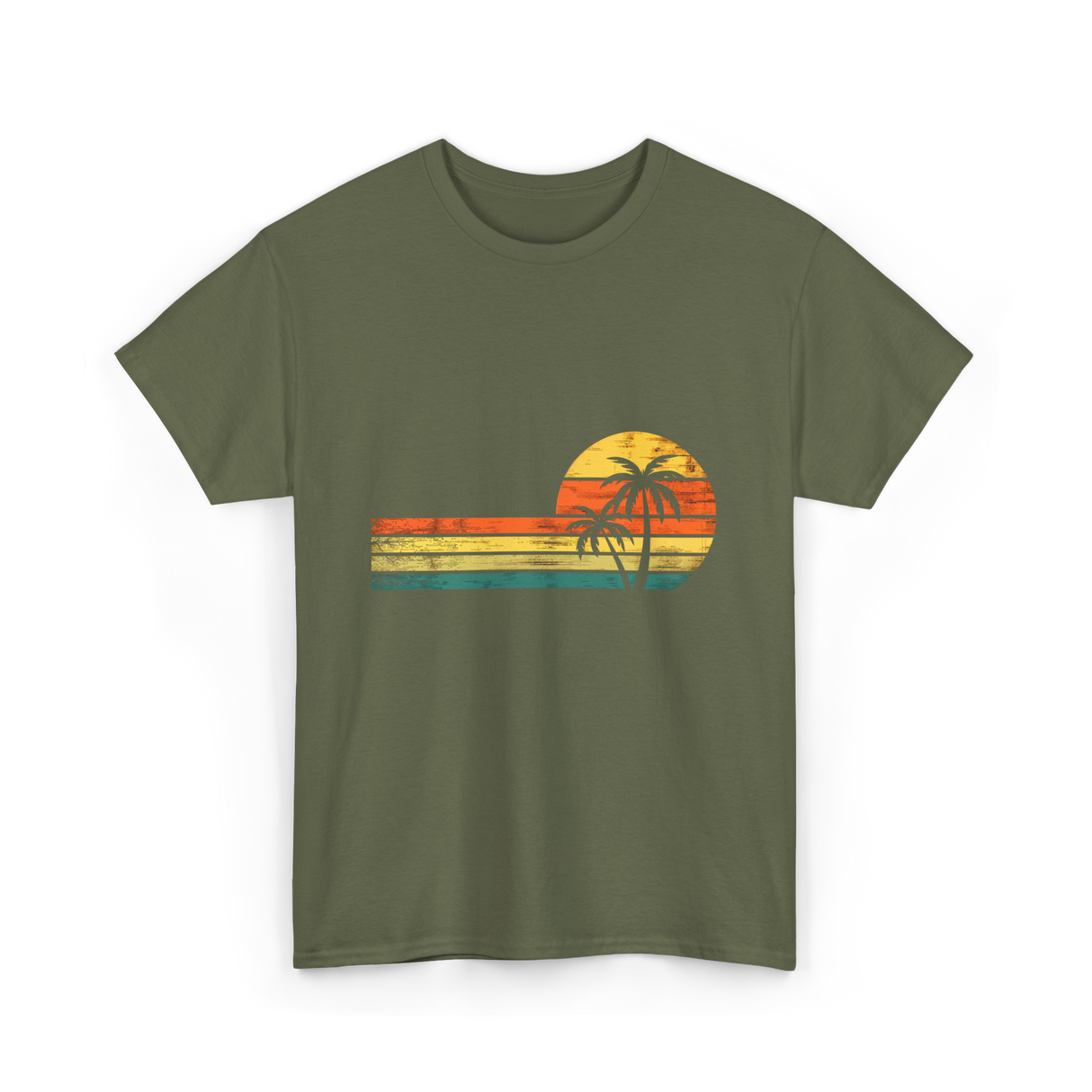 Palm Tree Sunset Beach T-Shirt - Military Green