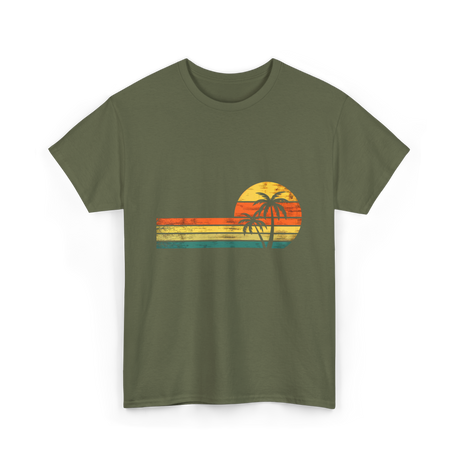 Palm Tree Sunset Beach T-Shirt - Military Green