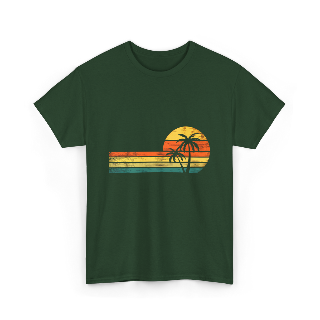 Palm Tree Sunset Beach T-Shirt - Forest Green