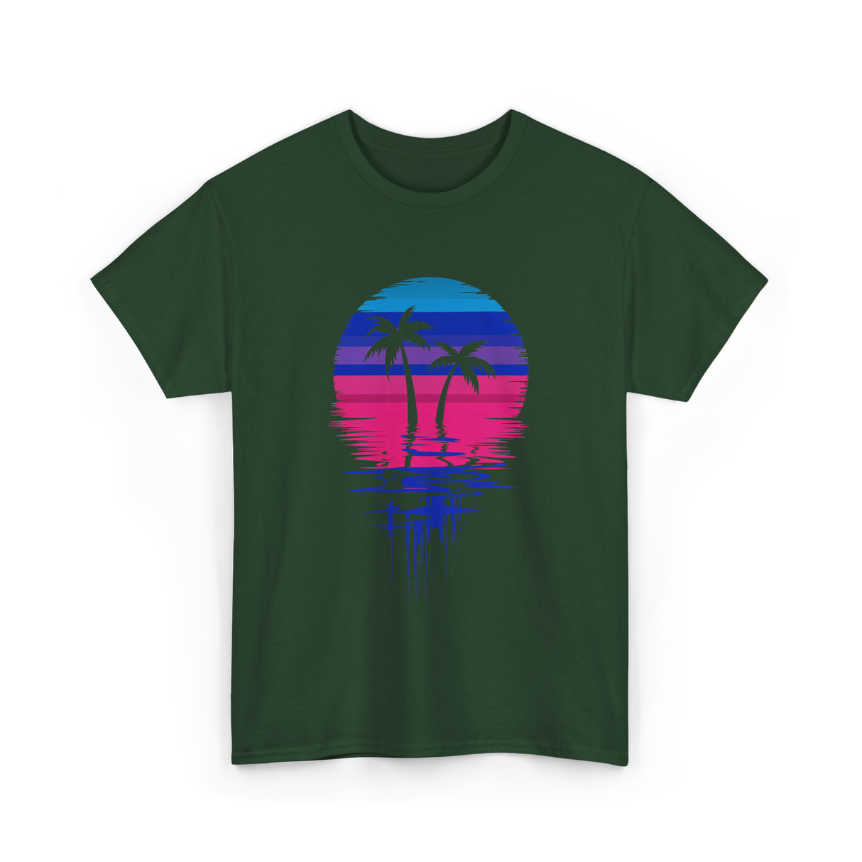 Palm Tree Sunset Tropical Vibe T-Shirt - Forest Green