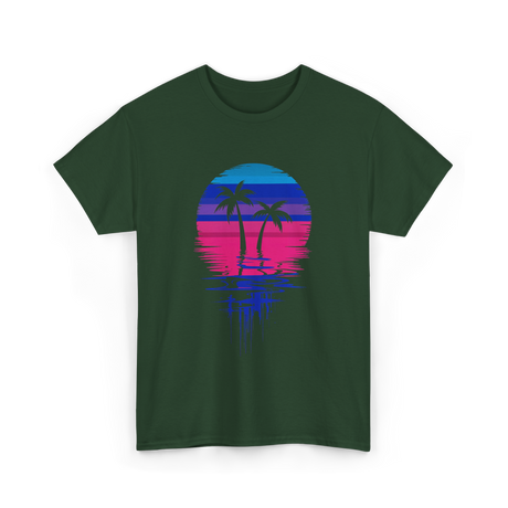 Palm Tree Sunset Tropical Vibe T-Shirt - Forest Green