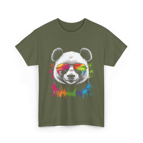 Panda in Sunglasses Animal Art T-Shirt - Military Green