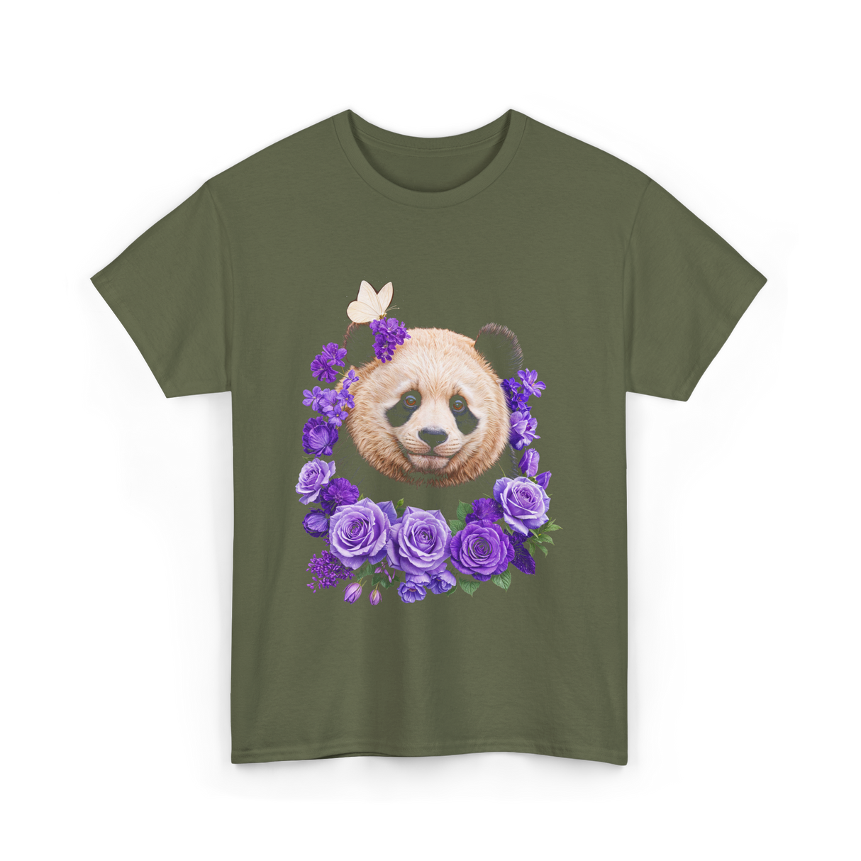 Panda Portrait Floral Panda T-Shirt - Military Green