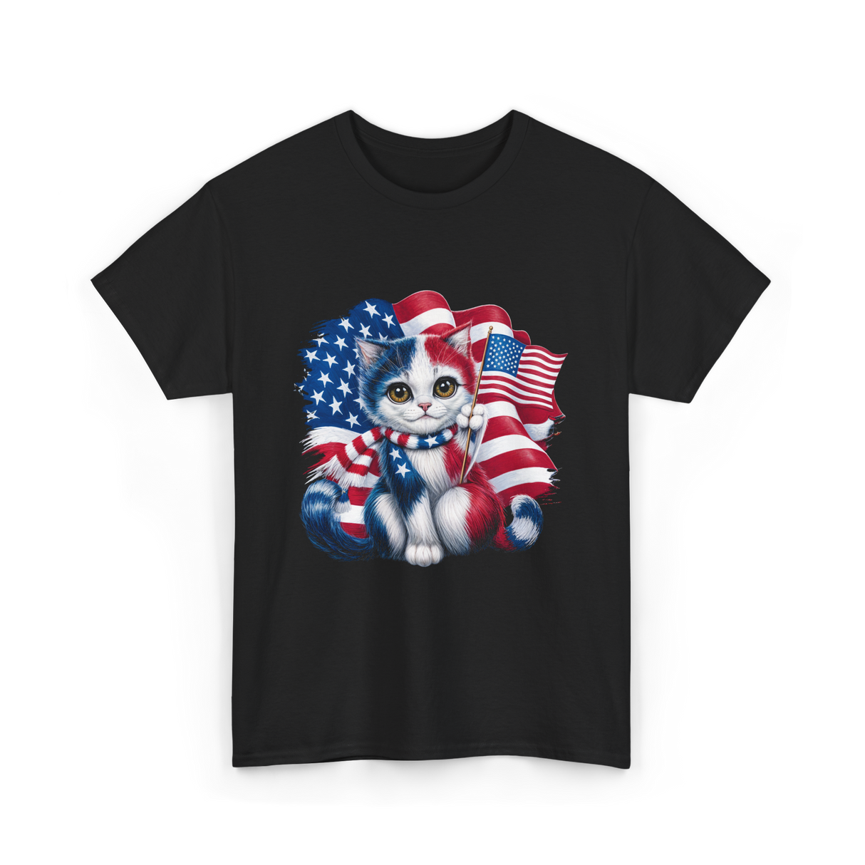 Patriotic Cat USA Flag T-Shirt - Black