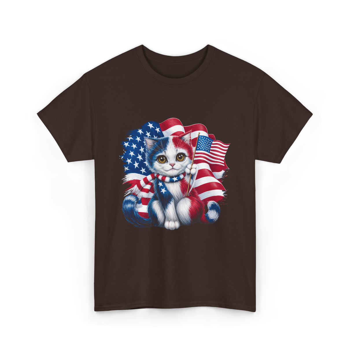 Patriotic Cat USA Flag T-Shirt - Dark Chocolate