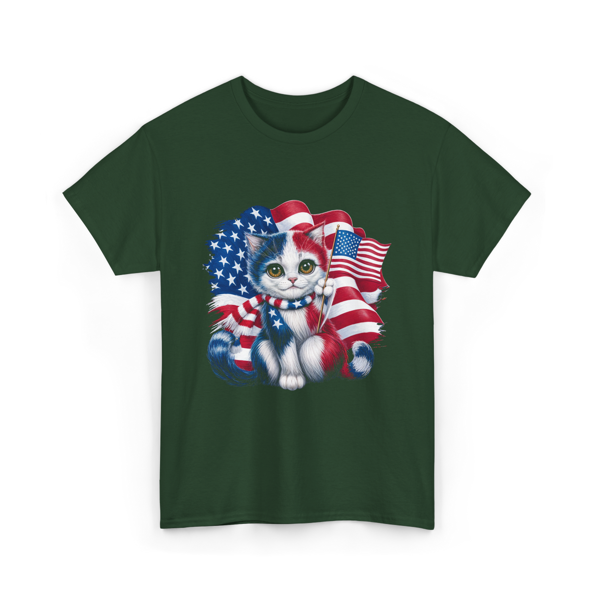 Patriotic Cat USA Flag T-Shirt - Forest Green